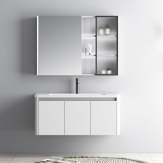 Martin Bathroom Mirror Led made of Plywood with Shelf & Cabinet 90x70cm White