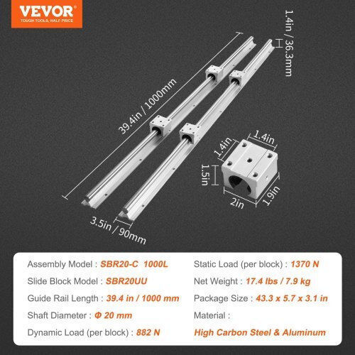 Vevor Sbr20 Führungssatz 1000mm 2 Führungen & 4 Sbr20uu Blöcke CNC Fräser Zxdgsbr20mm10pl6fv0