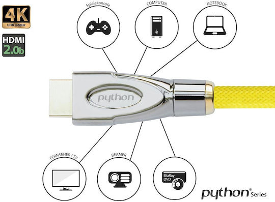 Python HDMI 2.0 Premium High Speed 4K 60Hz HDR Cable HDMI Male - HDMI Male 0.5m Yellow