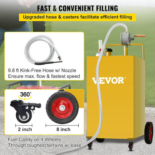 Vevor Rezervor de Combustibil de 30 de Galoane & 4 Roți, Pompă Manuală de Transfer pentru Rezervor de Combustibil, Mașini Diesel, Mașini de Tuns Iarbă, ATV-uri, Bărci și Altele, Galben