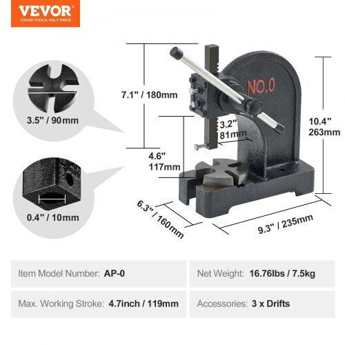 Vevor Χειροκίνητη Πρέσα 0.5 Τόνων Μέγιστο Ύψος 4.6" Χυτοσίδηρος Σφράγιση & Κάμψη Sdkyljgg05t0ap25jv0