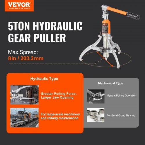 Vevor Hydraulic Gear Puller 5 Ton Max Capacity Wheel Bearing Pulling Separator 2 or 3 Jaws Puller Vertical Horizontal 8" Hydraulic Jaw Puller Hub Extraction Case
