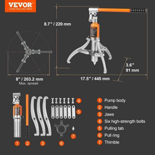 Vevor Hydraulic Gear Puller 5 Ton Max Capacity Wheel Bearing Pulling Separator 2 or 3 Jaws Puller Vertical Horizontal 8" Hydraulic Jaw Puller Hub Extraction Case