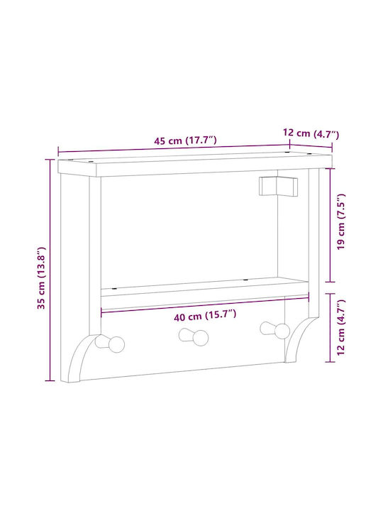 vidaXL Wooden Wall Hanger 3 Hooks Brown 45x35x12cm
