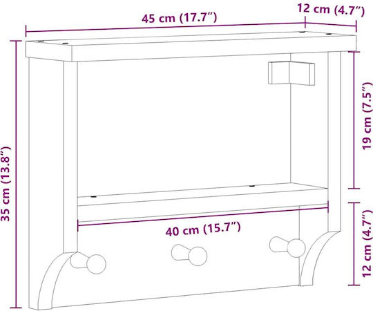 vidaXL Κρεμάστρα Τοίχου Ξύλινη 3 Θέσεων Καφέ 45x35x12cm