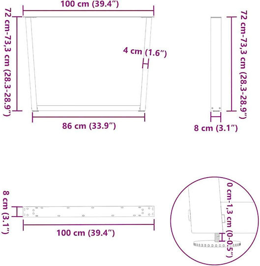 vidaXL Metallic Furniture Leg 2 Pieces Suitable for Table / Coffee Table / Office 100x72cm Black