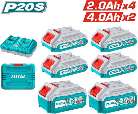 Total Σετ 6 Μπαταριών Εργαλείου Λιθίου 20V Χωρητικότητας 4Ah/2Ah με Φορτιστή
