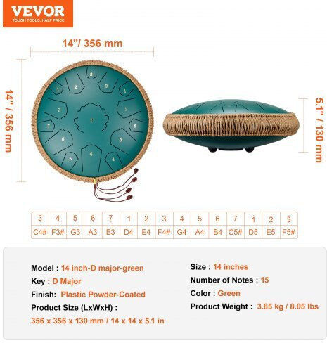 Vevor Vevor Steel Drum 14" 15 Notes D Major Green Outdoor Gsggsg14inchobktqv0