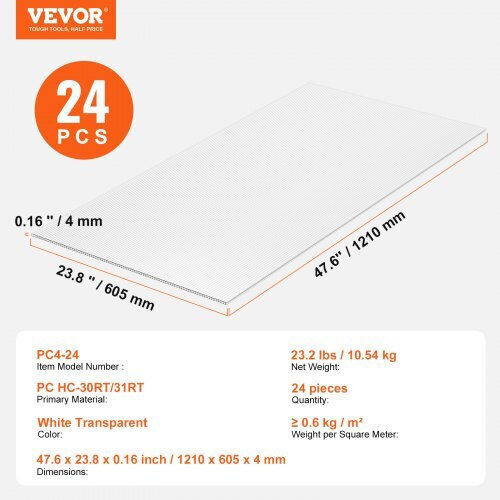 Vevor 24 Polycarbonate Greenhouse Sheets 2' X 4' X 0.16'' Slwdbbstm4ftgx23ev0