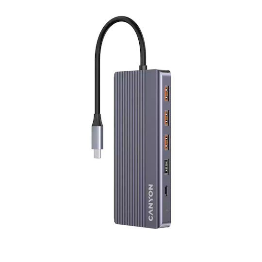 Canyon USB-C Dockingstation für Laptops mit HDMI/DisplayPort 4K PowerDelivery Ethernet und Bildschirmverbindungen für 3 Monitore Grau