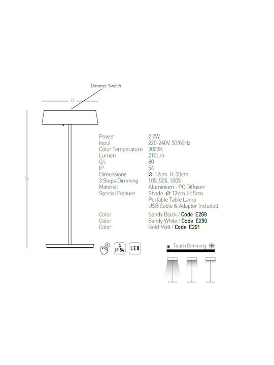 Zambelis Lights Outdoor LED Table Lamp 2.2W with Warm White Light IP54 Black