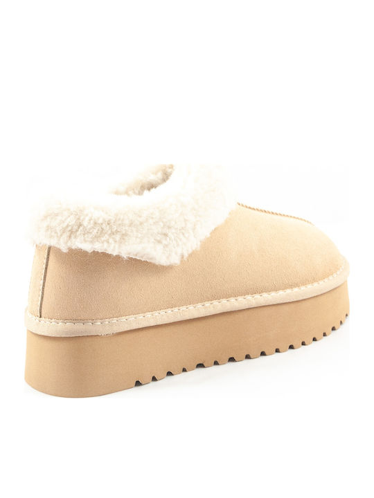 Leder Stiefeletten Damen mit Pelz Beige