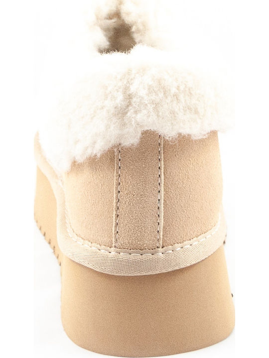 Leder Stiefeletten Damen mit Pelz Beige