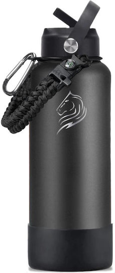 Cool'NMore Stainless Steel Thermos Bottle BPA Free 1L Black with Handle Straw Loop and Mouthpiece