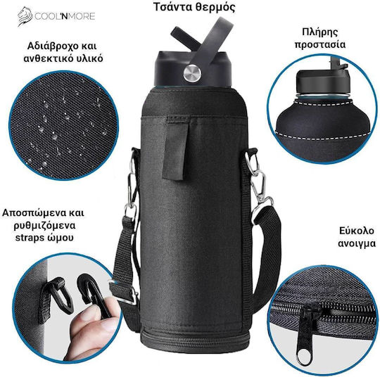 Cool'NMore Stainless Steel Thermos Bottle BPA Free 1L Black with Handle Straw Loop and Mouthpiece