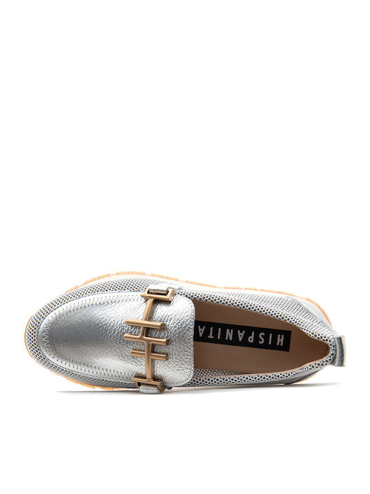 Leather Women's Moccasins in Silver Color