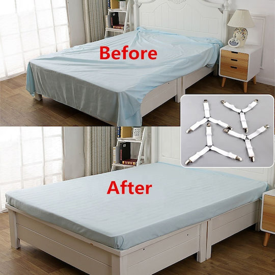 Set aus 4 elastischen Gurten mit Metallklammern für Bettlaken Weiß Original Deals