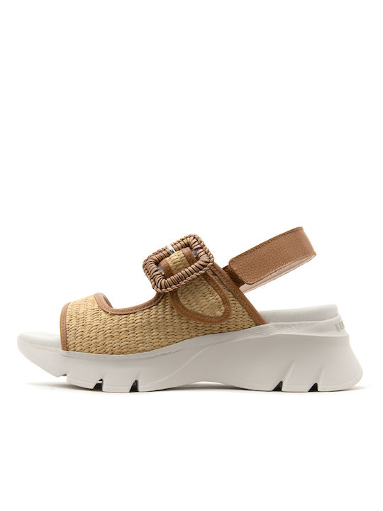 Hispanitas Leather Women's Flat Sandals Sporty in Beige Color