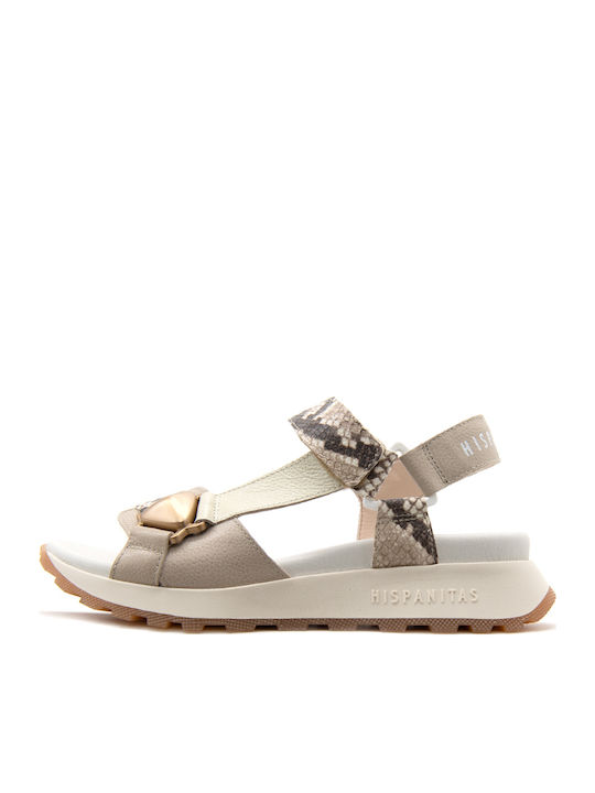 Leather Women's Flat Sandals Sporty in Ecru Color