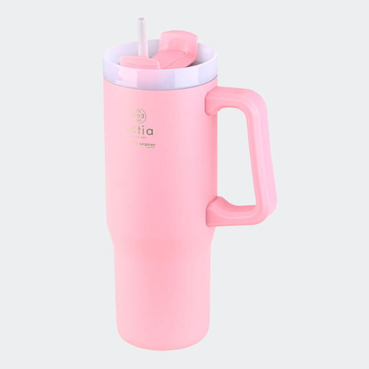 Estia Straw Tumbler XL Save The Aegean Glass Thermos Stainless Steel BPA Free 900ml Blossom Rose with Straw