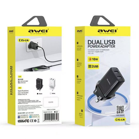 Awei Φορτιστής Χωρίς Καλώδιο με 2 Θύρες USB-A 10W Μαύρος (C15-UK)