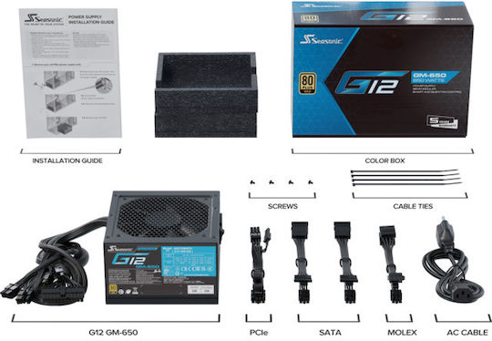 Seasonic G12 GM 650W Μαύρο Τροφοδοτικό Υπολογιστή Semi Modular 80 Plus Gold