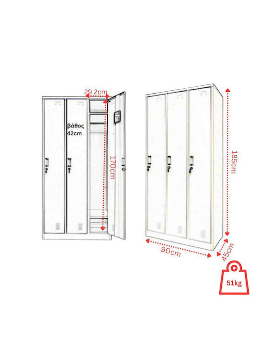 Dulap Metalic Galvanizat Cu Din Posibilitatea De Blocare Cu 3 Dulapuri Fără Picioare 90x45x185 Cm