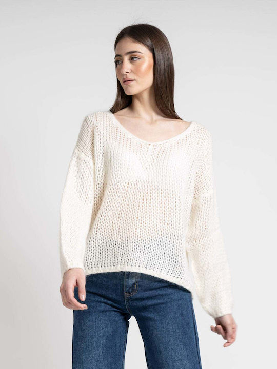 Women's Sweater Woolen with V Neckline Ecru