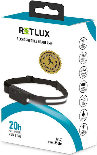 Retlux Επαναφορτιζόμενος Φακός Κεφαλής LED IP43 με Μέγιστη Φωτεινότητα 350lm