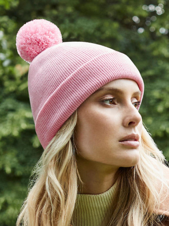 Beechfield Pom Pom Beanie Unisex Σκούφος Πλεκτός σε Ροζ χρώμα