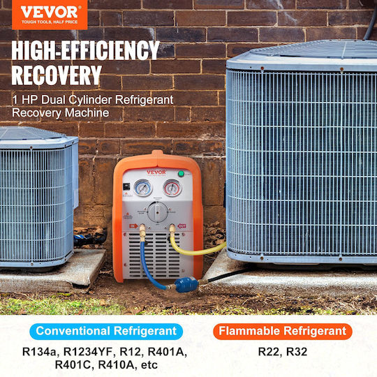 Vevor 1 Hp Refrigerant Recovery Machine Portable Dual Cylinder AC Recovery Machine High Pressure Protection 220-240v 50hz HVAC Refrigerant Liquid Vapor Recovery Machine Car Air Conditioning