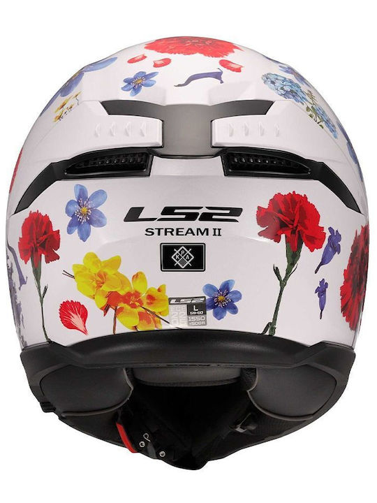 LS2 Stream II FF808 Flowers White Gloss Motorcycle Helmet Full Face ECE 22.06 1550gr with Sunvisor