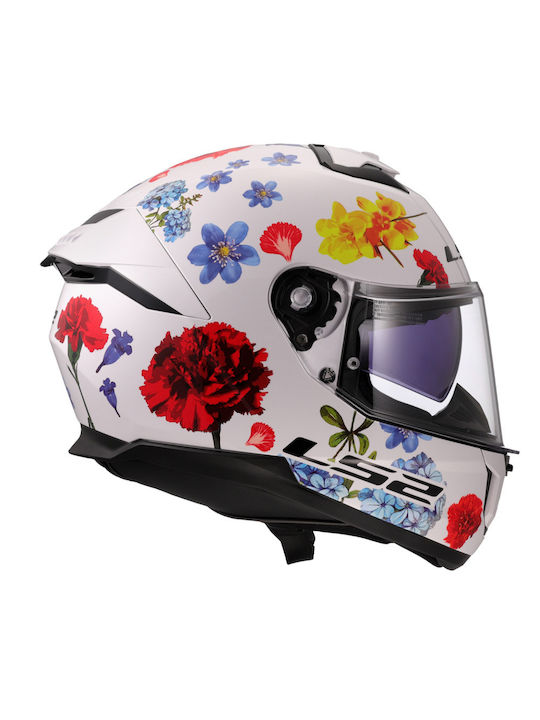 LS2 Stream II FF808 Flowers White Gloss Motorcycle Helmet Full Face ECE 22.06 1550gr with Sunvisor