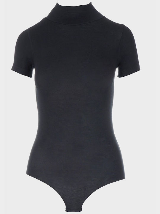 Women's Turtleneck Modal Bodysuit Short Sleeve Black