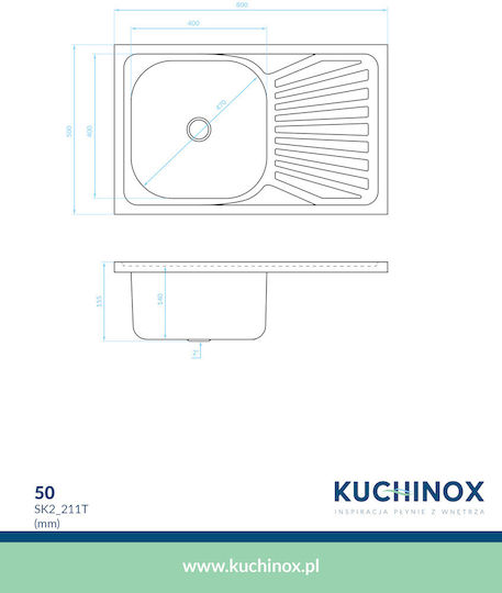 Kuchinox 50 Επικαθήμενος Αριστερός Inox Σατινέ Μ80xΠ50cm Ασημί