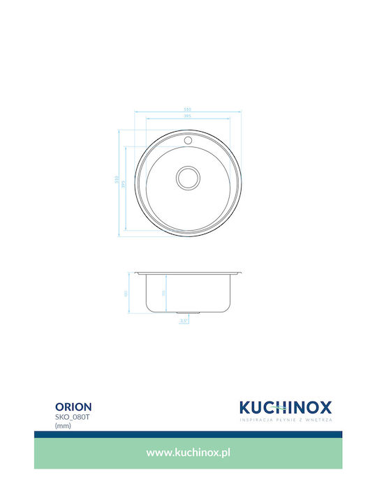 Kuchinox Orion Ένθετος Νεροχύτης Inox Σατινέ Μ51xΠ51cm Ασημί