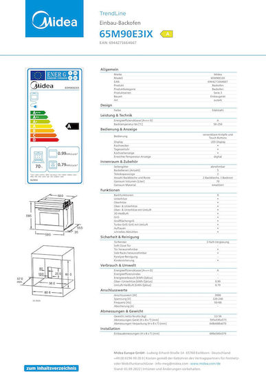 Midea Φούρνος άνω Πάγκου 70lt Π60εκ. Inox