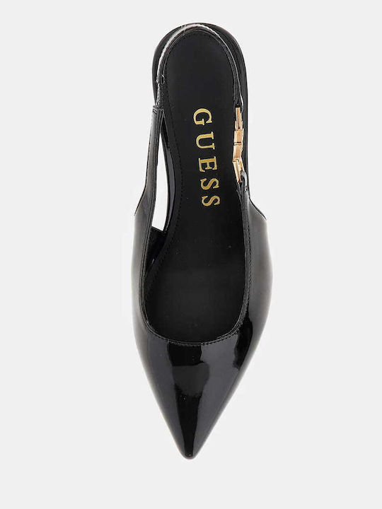 Patent Leather Pointed Toe Black Medium Heels with Strap