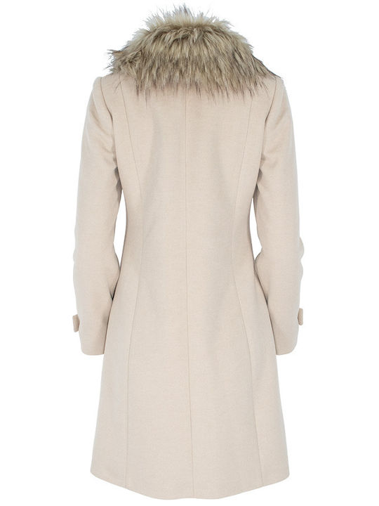 Forel Women's Midi Coat with Buttons and Fur Ecru