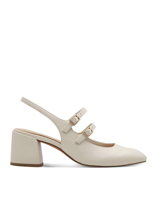 Leather Pointed Toe Beige Medium Heels with Strap