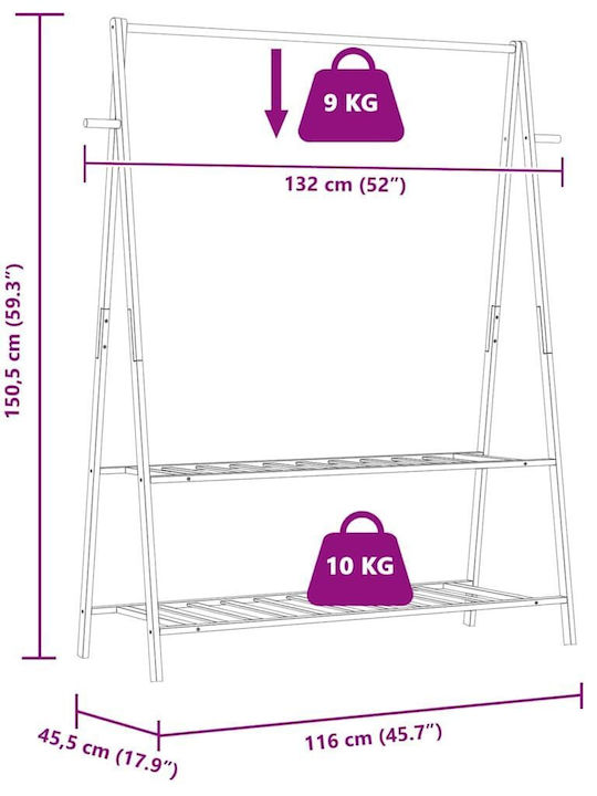 vidaXL Floor Garment Rack made of Bamboo Brown 132x45.5x150.5cm