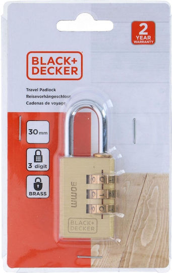 Black & Decker Padlock Brass Combination 30mm Black 1pcs