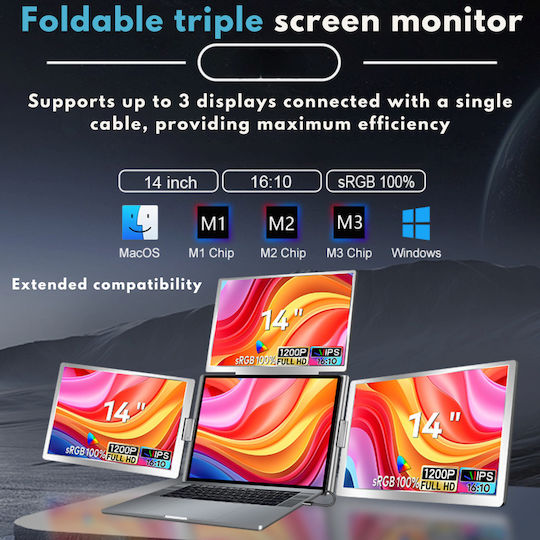 Quad-screen Expandable Portable Laptop 3 X 14" Full Hd 1200p Screens 100% Srgb Foldable Rotatable 360° Compatible 13"-17.3" Laptops Windows Macos Complete Workstation Multitasking