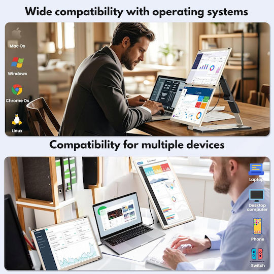 Extensor ecran triplu pentru laptopuri de 13"-17.3" 15.6" Full HD 1080p IPS Display Visionhub compatibil Windows Mac Linux design portabil multifuncțional porturi USB-C Mini HDMI Plug and Play