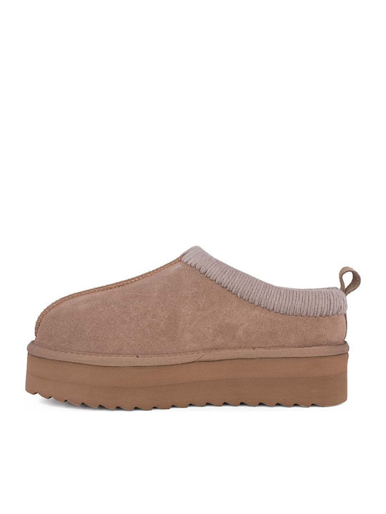 Suede Χειμερινές Γυναικείες Παντόφλες Taupe