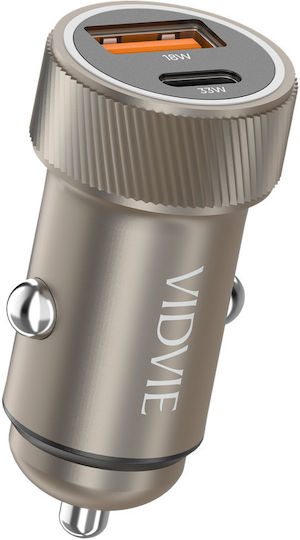 Vidvie Încărcător Auto Cu Mufă De Brichetă 18W 2.5A Încărcare Rapidă Cu Porturi 1xUSB-A 1xType-C Împreună Cu Cablu Type-C Culoare Aurie