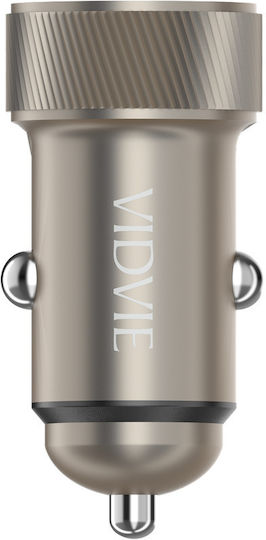 Vidvie Încărcător Auto Cu Mufă De Brichetă 18W 2.5A Încărcare Rapidă Cu Porturi 1xUSB-A 1xType-C Împreună Cu Cablu Type-C Culoare Aurie