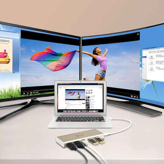 J5create USB-C Докинг станция с HDMI 4K PD Ethernet и свързване 2 монитора Златист (JCD381)