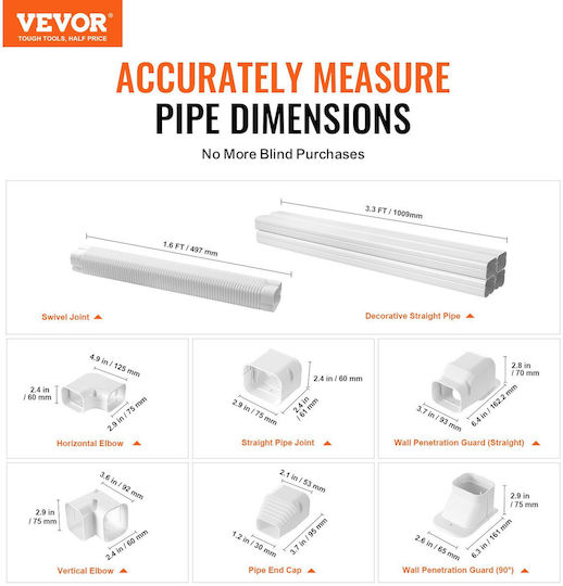 Set de Acoperire pentru Conducte Mini Split Vevor 76,2mm Lățime 5350mm Lungime PVC Conductă Decorativă pentru Aer Condiționat 4 Canale Drepte & Accesorii Complete Instalare Ușoară Vopsibilă Pompe de Căldură Alb