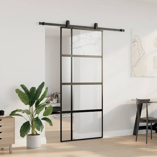 Set de feronerie pentru ușă glisantă negru 90x205 cm sticlă securizată neagră 90 x 205 cm șină 183 cm